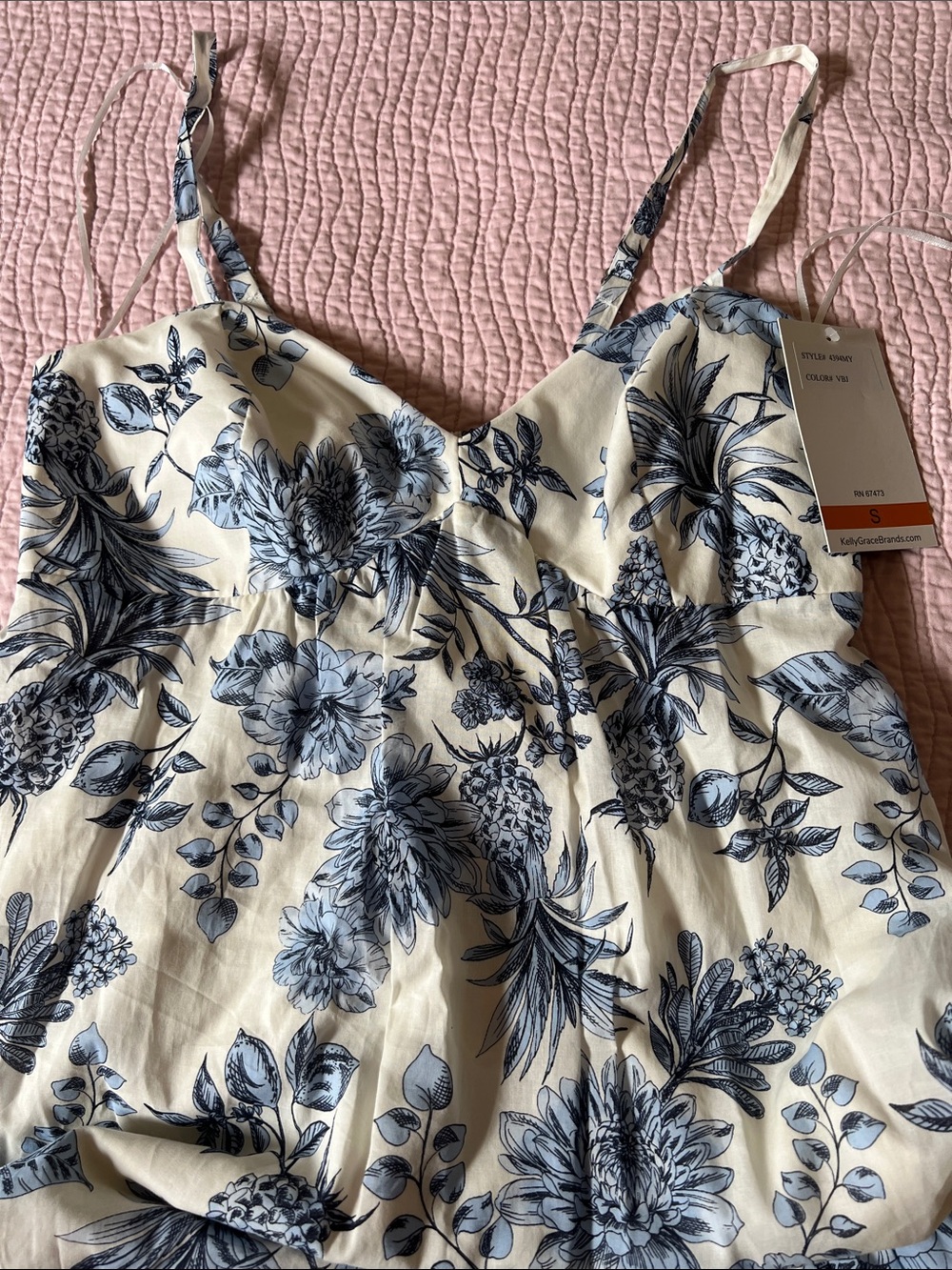 Floral Spaghetti Strap Cami Top - Navy on Cream